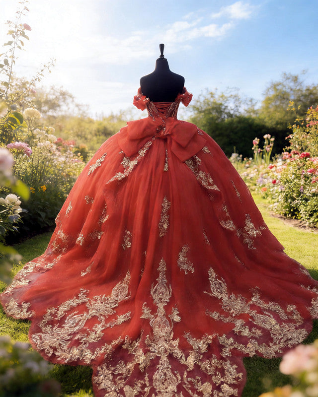 Ashely | Red Ball Gown Quinceanera Dress With Gold Lace