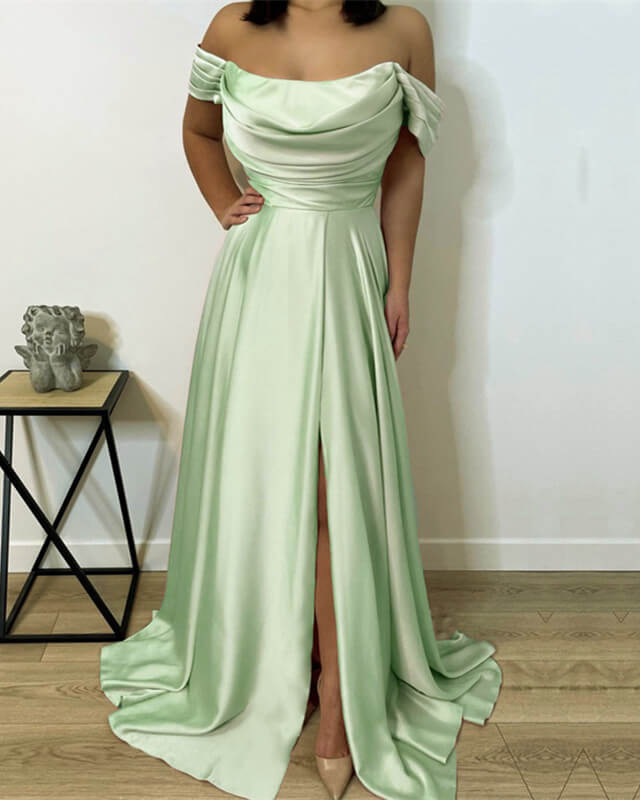 Long Cowl Neck Off Shoulder Satin Split Dress