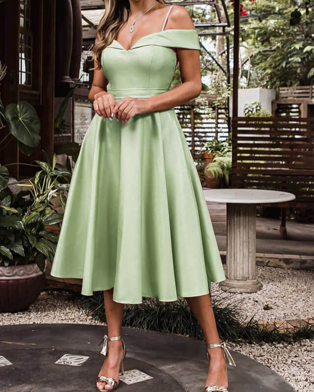 Tea Length Off-the-shoulder Satin Dress Lisposa Tea Length Off-the-shoulder Satin Dress Lisposa