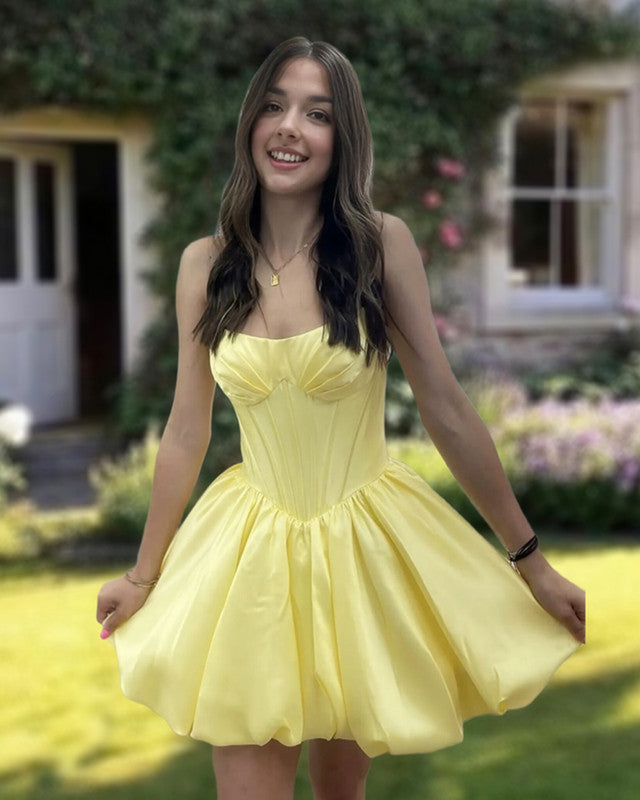 Short Yellow Satin Ruffle Homecoming Dress Lisposa Short Yellow Satin Ruffle Homecoming Dress Lisposa