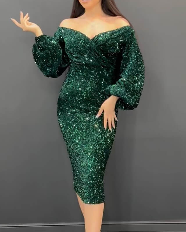 Puffy Sleeve Tight Sequin Party Dress