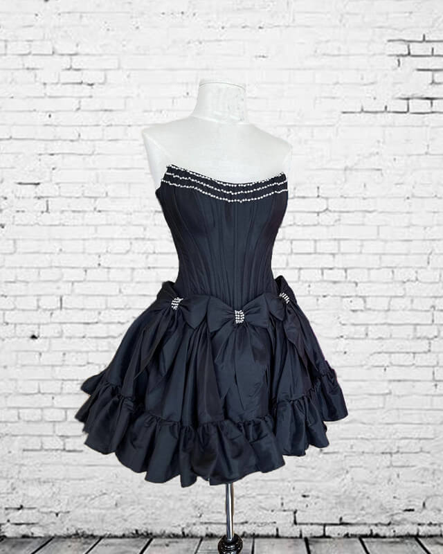 Short Black Satin Homecoming Dress With Bow Lisposa Short Black Satin Homecoming Dress With Bow Lisposa