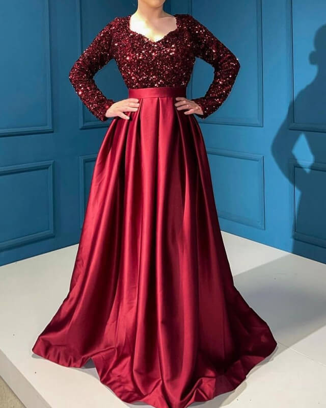 Modest Burgundy Satin V-neck Dress With Sequin Sleeves Lisposa Modest Burgundy Satin V-neck Dress With Sequin Sleeves Lisposa