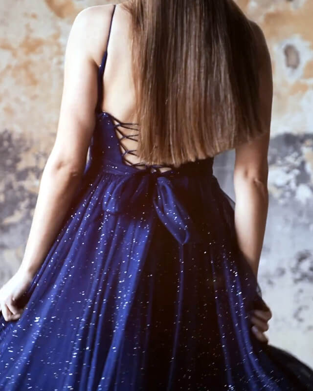 Sparkly Navy Blue Tulle V-neck Split Dress