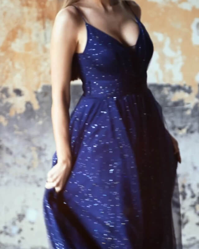 Sparkly Navy Blue Tulle V-neck Split Dress