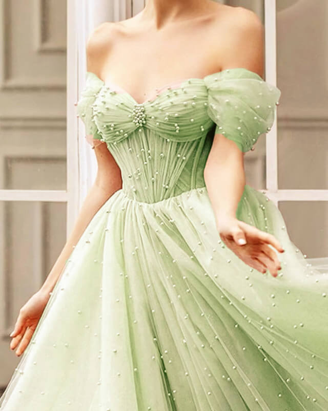 Beaded Tulle V-neck Off Shoulder Dress