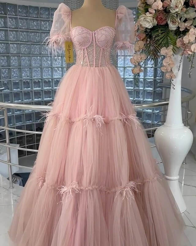 Pink Puffy Sleeves Tulle Ball Gown Prom Dress Lisposa Pink Puffy Sleeves Tulle Ball Gown Prom Dress Lisposa