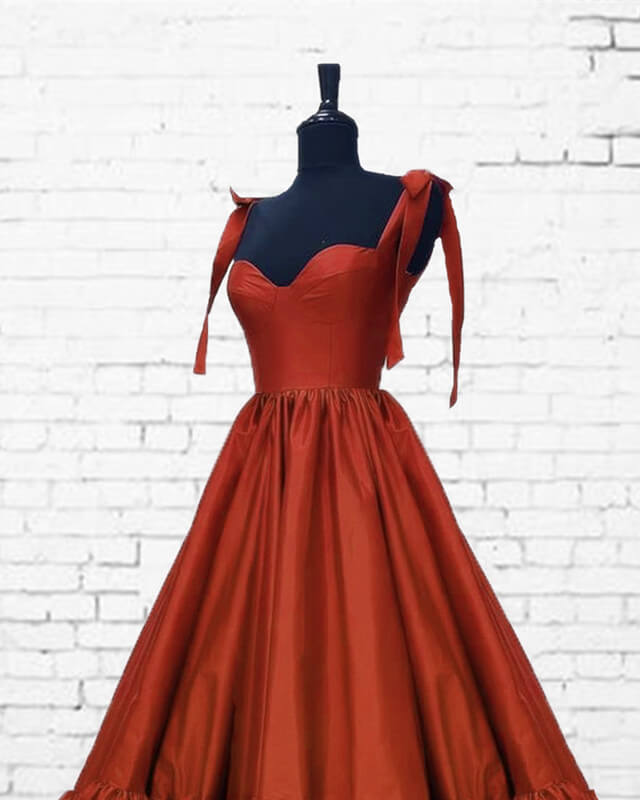 Burnt Orange Satin Ruffles Hem Dress With Bow