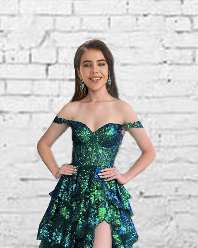 Green Sequin Lace Ruffles Prom Dress