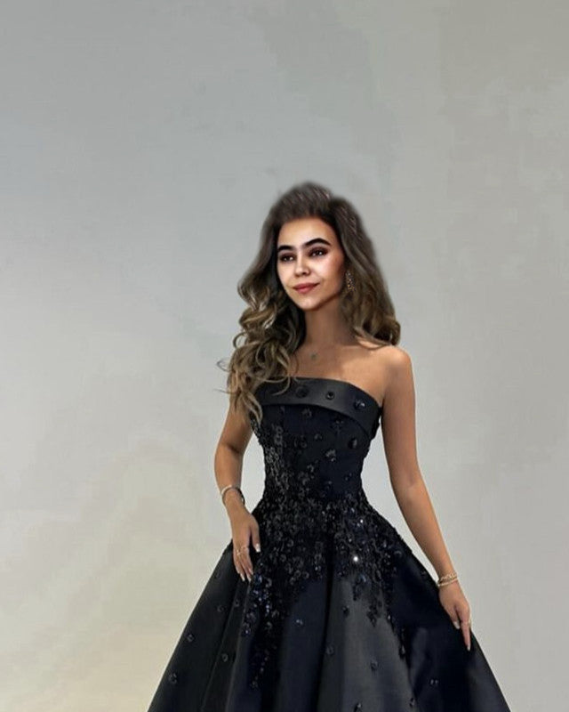 Strapless Satin Ball Gown With 3D Flowers