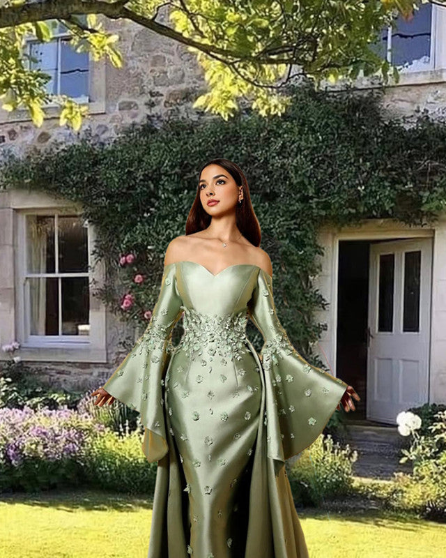 Mermaid Sage Satin Puffy Sleeve Dress
