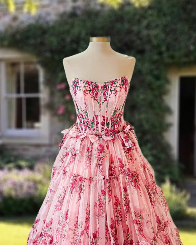 Blush Pink Floral Print Strapless Dress
