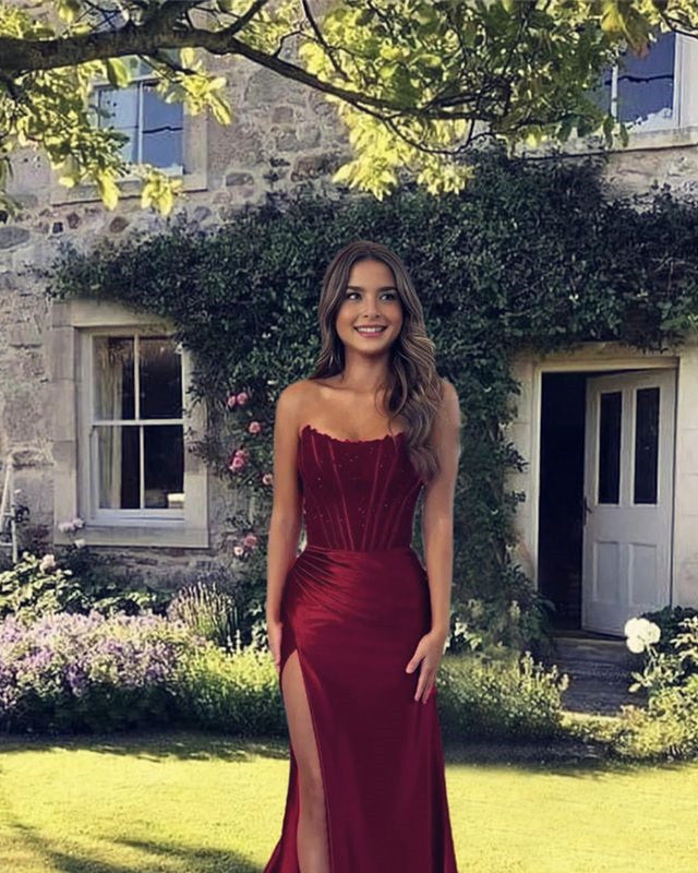 Mermaid Burgundy Lace Strapless Split Satin Dress