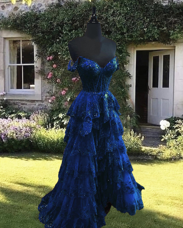Navy Blue Lace Ruffles Prom Dress With Slit Lisposa Navy Blue Lace Ruffles Prom Dress With Slit Lisposa