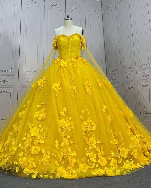 Yellow 3D Flowers Ball Gown Dress With Cape Lisposa Yellow 3D Flowers Ball Gown Dress With Cape Lisposa