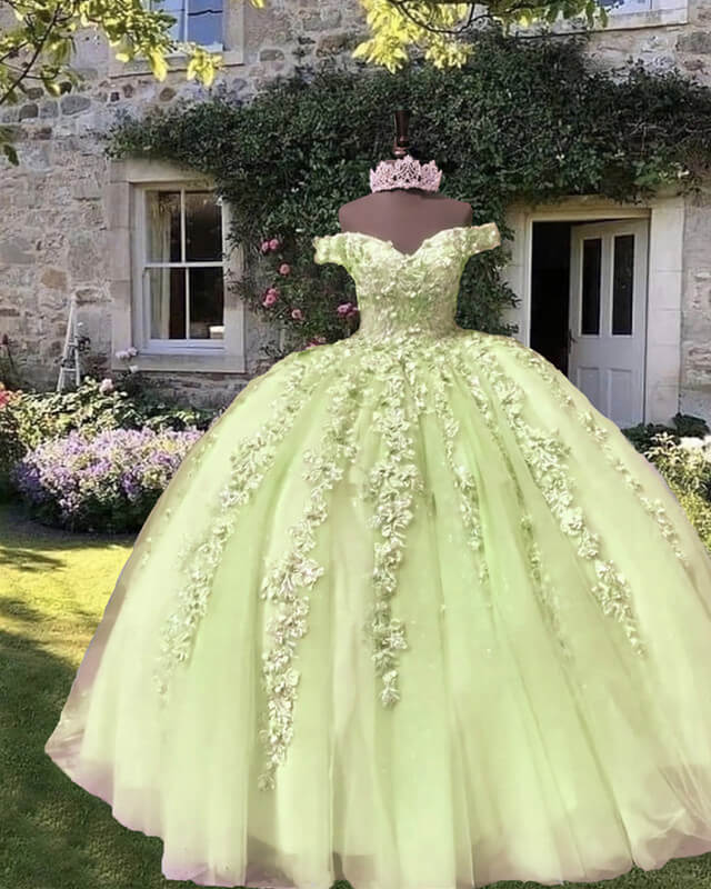15 dresses lime green Off-Shoulder Lace Applique Sweet 16 dress in Light Green with 3D Flower