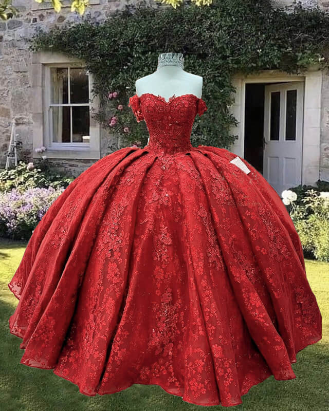 Red Lace Embrodiery Ball Gown Off Shoulder Dress Lisposa Red Lace Embrodiery Ball Gown Off Shoulder Dress Lisposa