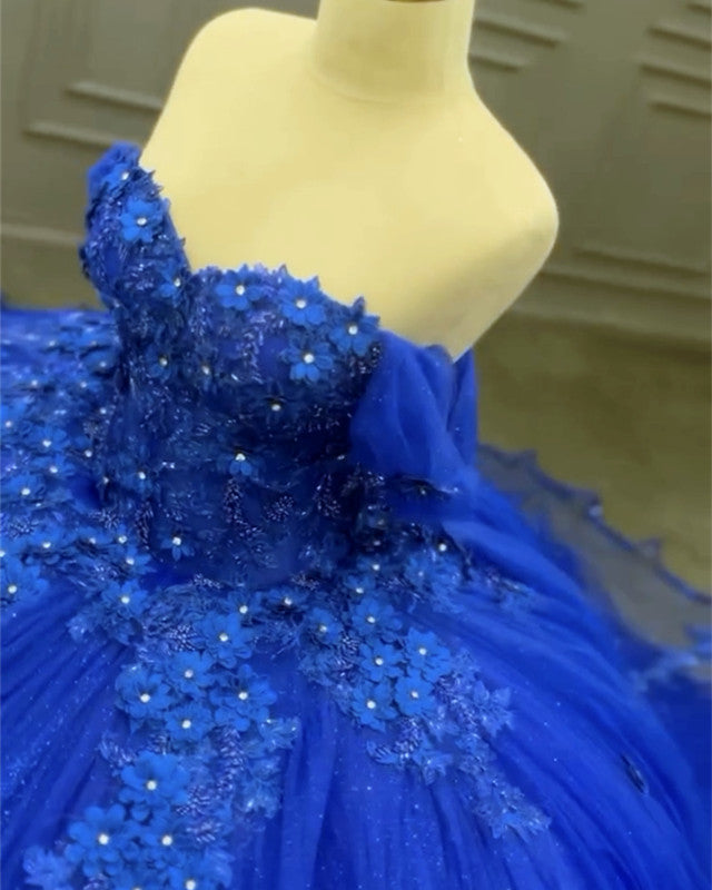 Royal Blue Tulle Off Shoulder Appliques Dress