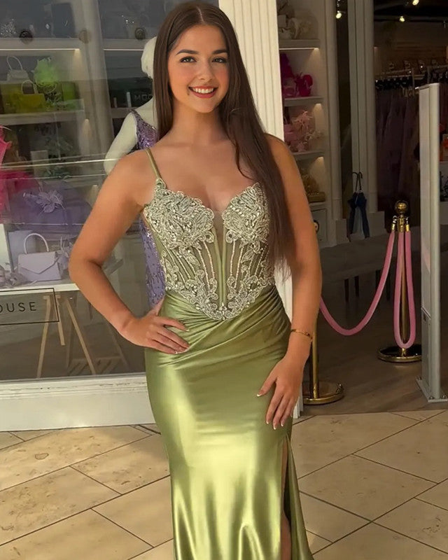 Mermaid Embroidery V Neck Satin Split Dress