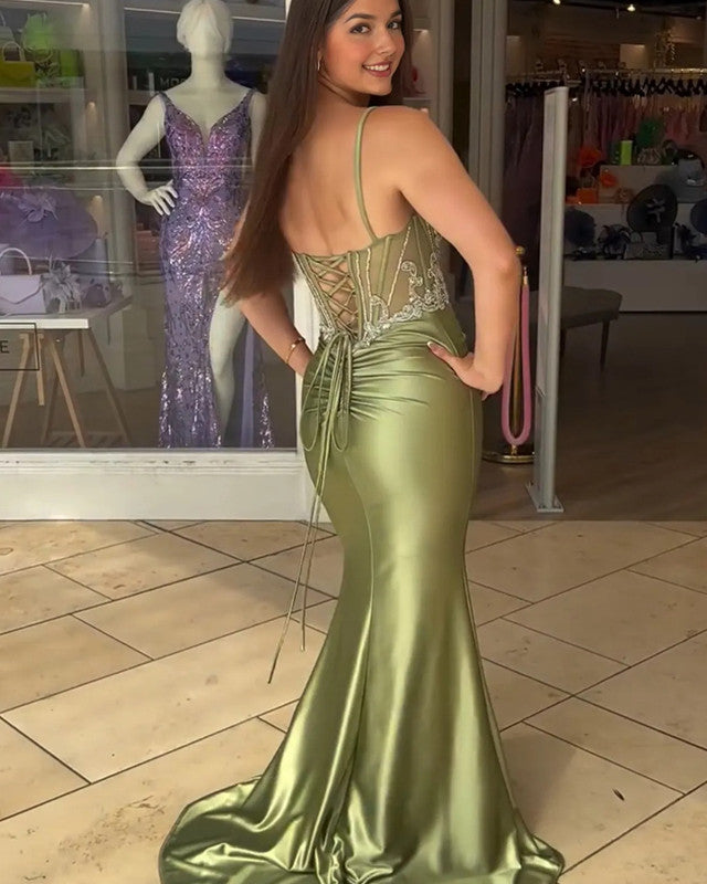 Mermaid Embroidery V Neck Satin Split Dress