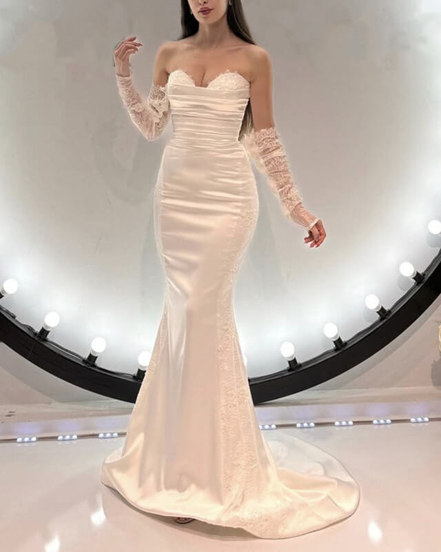 Mermaid Strapless Satin Wedding Dress With Sleeves