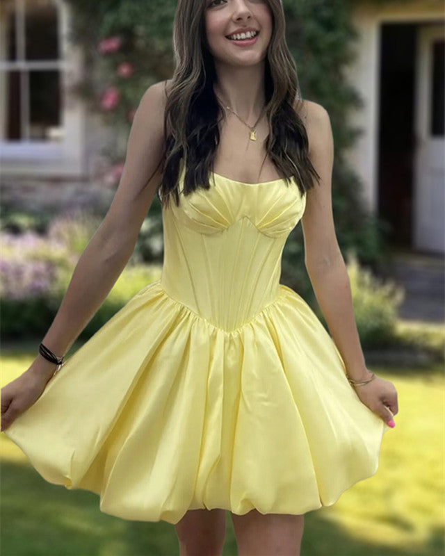 Short Yellow Satin Strapless Homecoming Dress