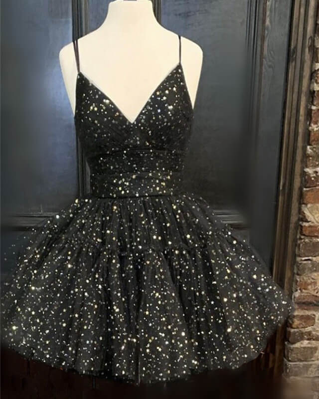 Black V Neck Ruffles Starry Homecoming Dresses Lisposa Black V Neck Ruffles Starry Homecoming Dresses Lisposa
