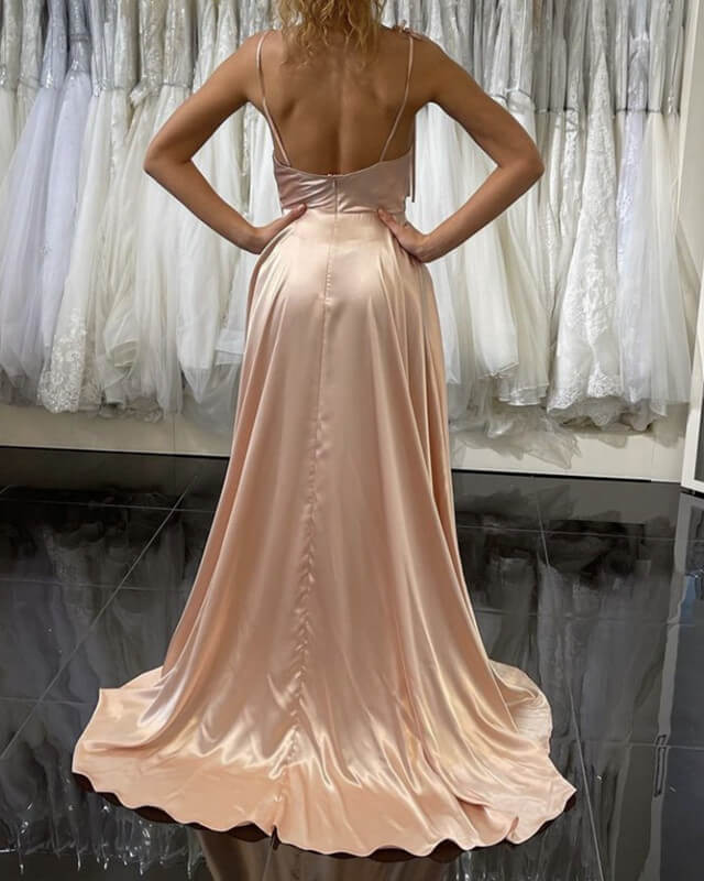 Blush Pink Satin Bridesmaid Dresses Cowl Neck Split