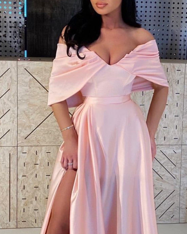 Blush Pink Prom Dresses Satin Split