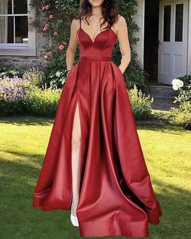 Burgundy Spaghetti Strap Satin Slit Dress Lisposa Burgundy Spaghetti Strap Satin Slit Dress Lisposa