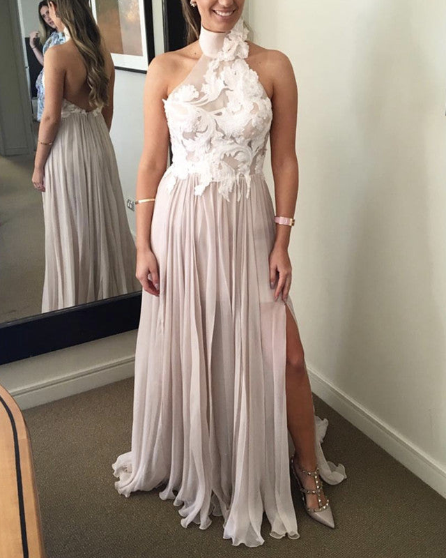 Elegant Halter Split Bridesmaid Dresses Lace Embroidery Lisposa Elegant Halter Split Bridesmaid Dresses Lace Embroidery Lisposa