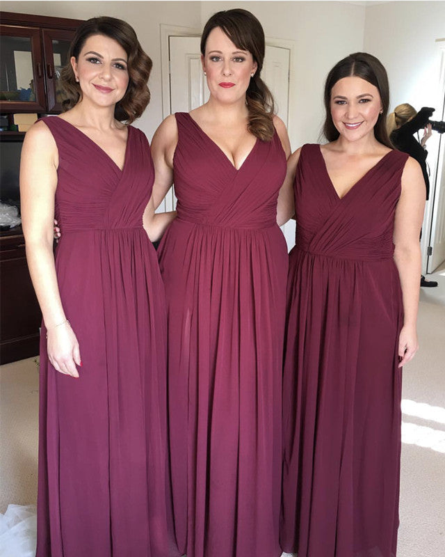 Chiffon Bridesmaid Dresses Pleated V Neck Floor Length