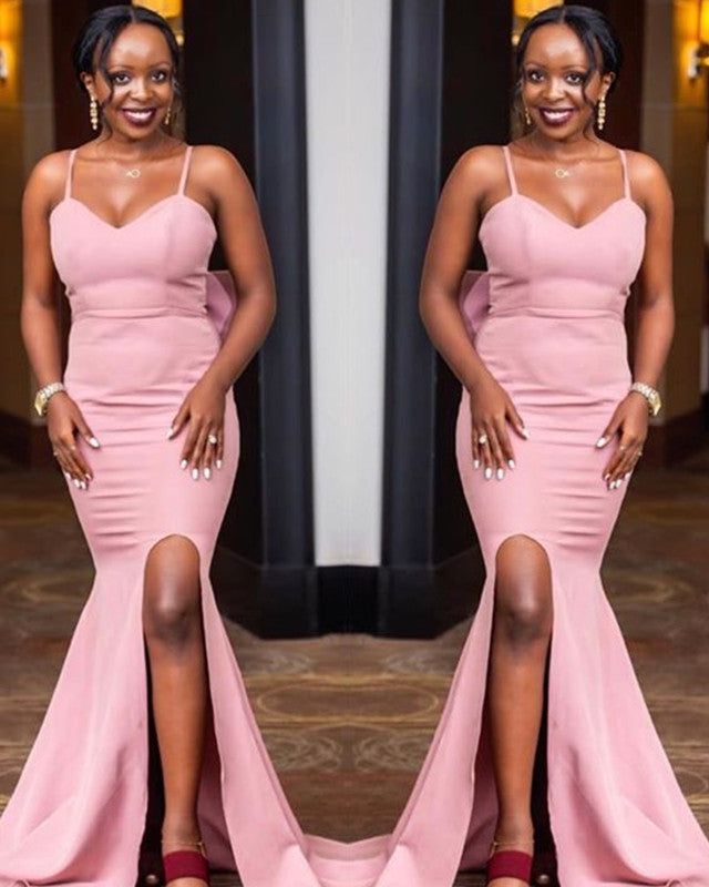 Bow Back Bridesmaid Dresses Mermaid Sweetheart Slit