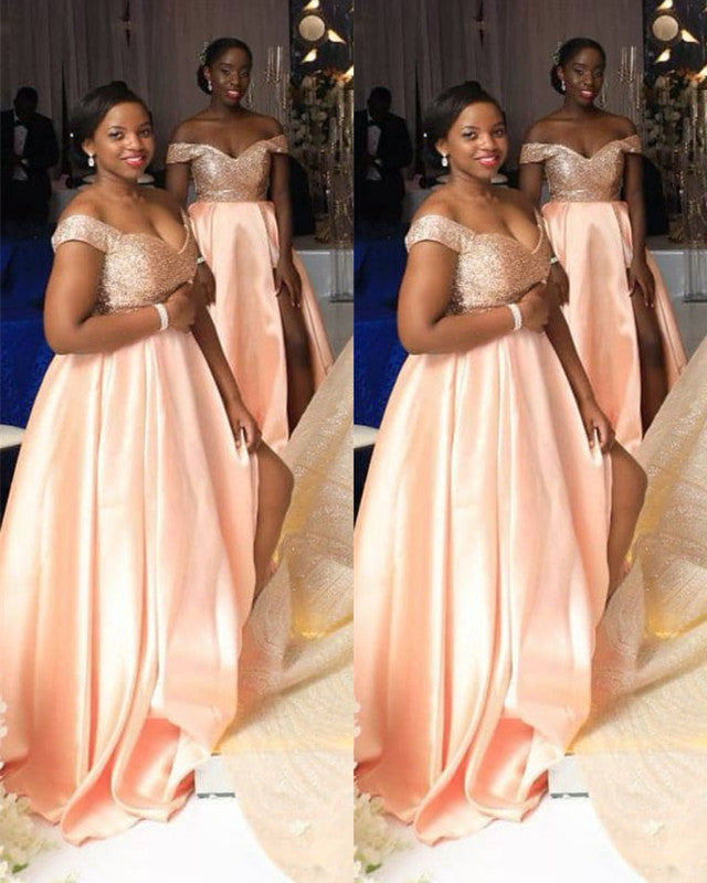Peach Satin Bridesmaid Dresses Sequins Off The Shoulder