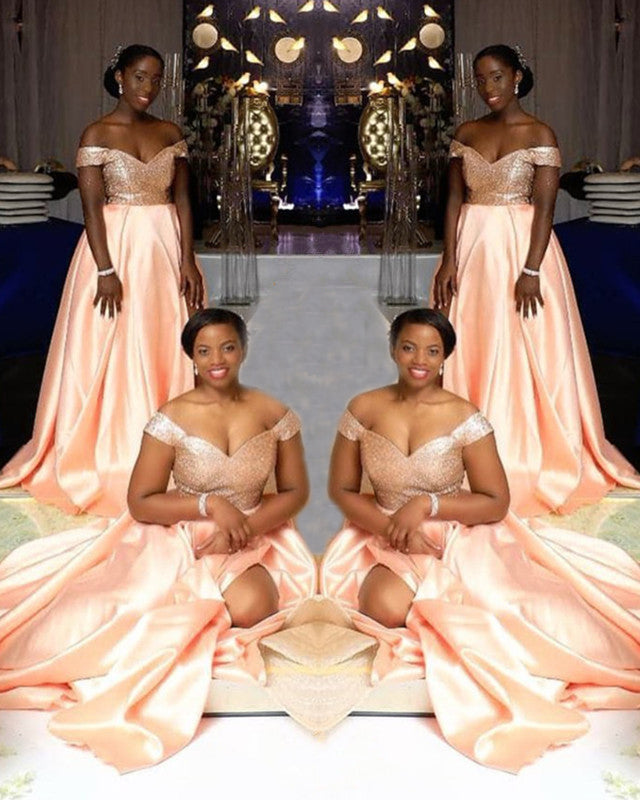 Peach Satin Split Bridesmaid Dresses Sequins Off The Shoulder – Lisposa