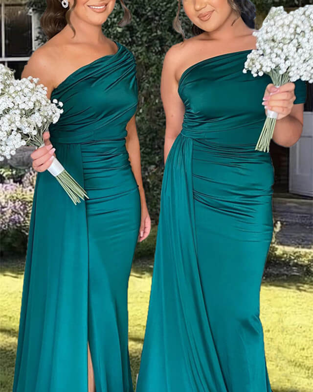 Mermaid Teal Satin One Shoulder Split Dress