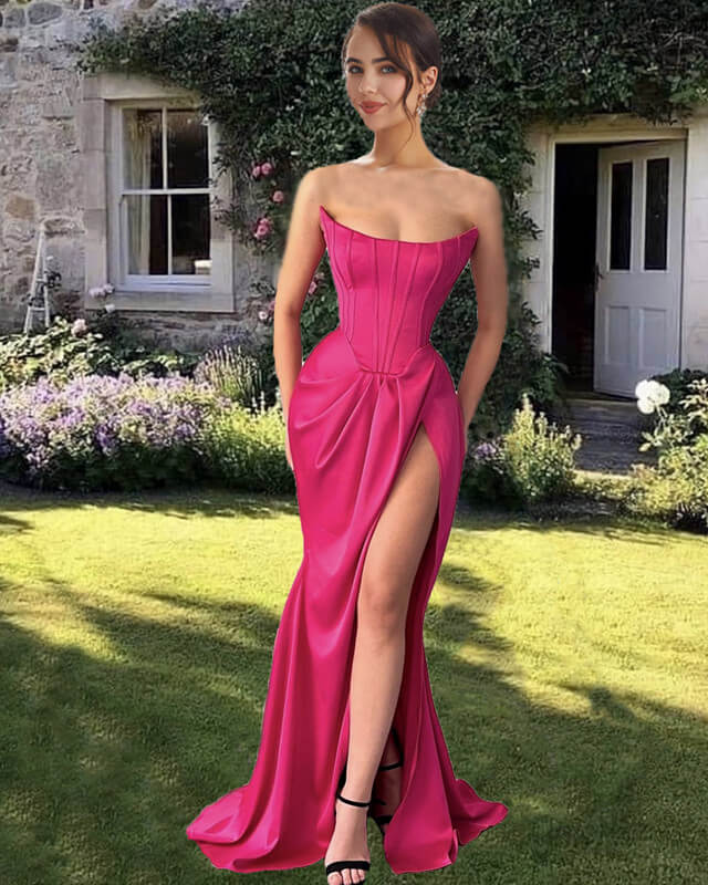 Mermaid Hot Pink Satin Strapless Slit Dress Lisposa Mermaid Hot Pink Satin Strapless Slit Dress Lisposa