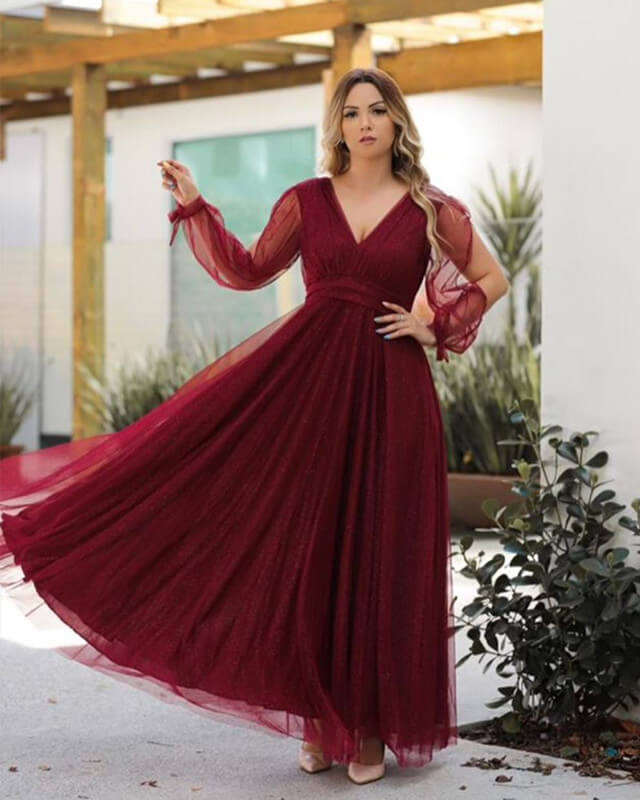 Plus Wine Red Dresses Tulle Cold Sleeve – Lisposa