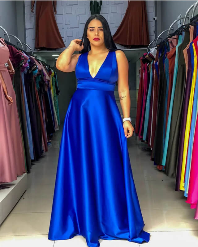 Plus Size Royal Blue Plunging Satin Bridesmaid Dresses