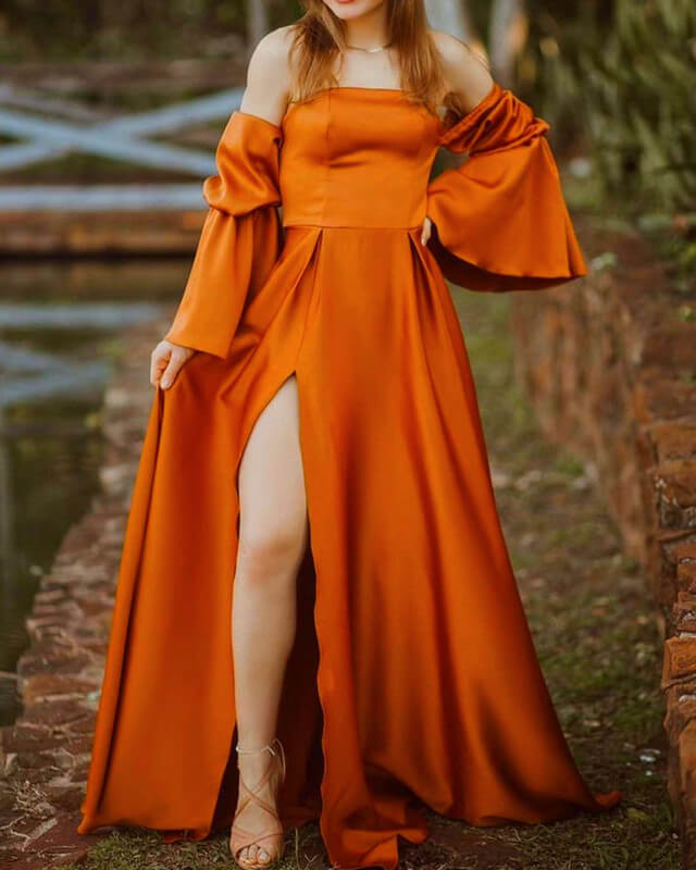 Long Burnt Orange Satin Bell Sleeve Bridesmaid Dresses