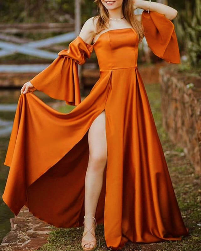 Long Burnt orange Satin Bell Sleeve Bridesmaid Dresses Lisposa Long Burnt orange Satin Bell Sleeve Bridesmaid Dresses Lisposa