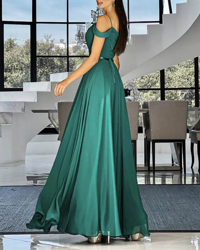 Long Green Chiffon Cold Shoulder Bridesmaid Dresses