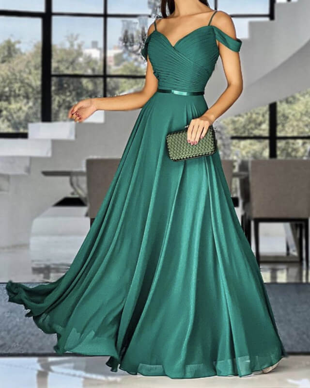 Long Green Chiffon Cold Shoulder Bridesmaid Dresses