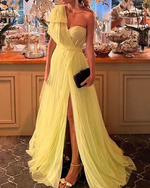 Daffodil Tulle Corset One Shoulder Slit Dress Lisposa Daffodil Tulle Corset One Shoulder Slit Dress Lisposa