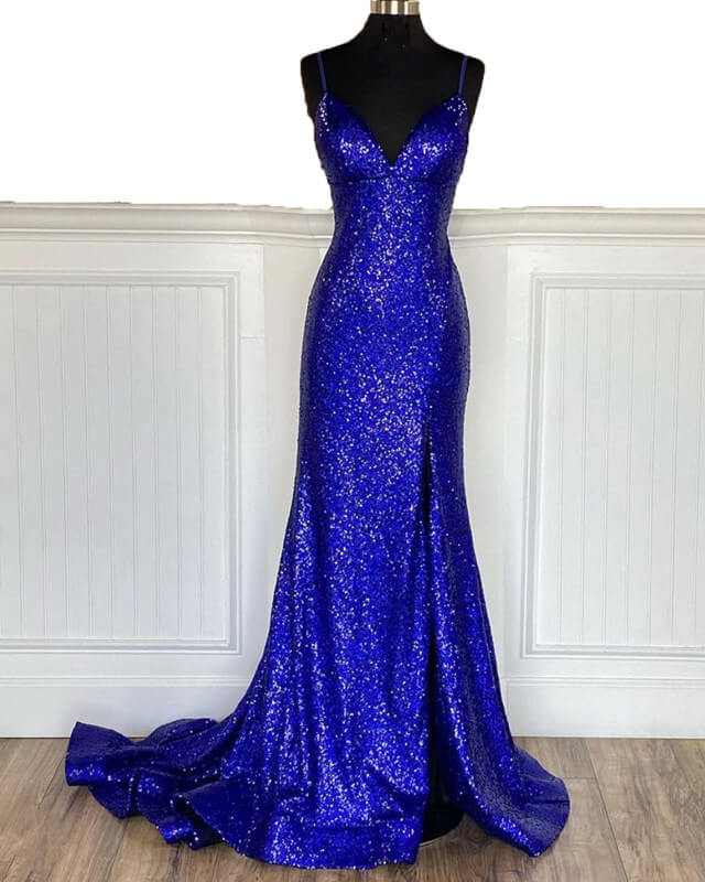 Mermaid Royal Blue Sequin Dresses V-neck Split Lisposa Mermaid Royal Blue Sequin Dresses V-neck Split Lisposa