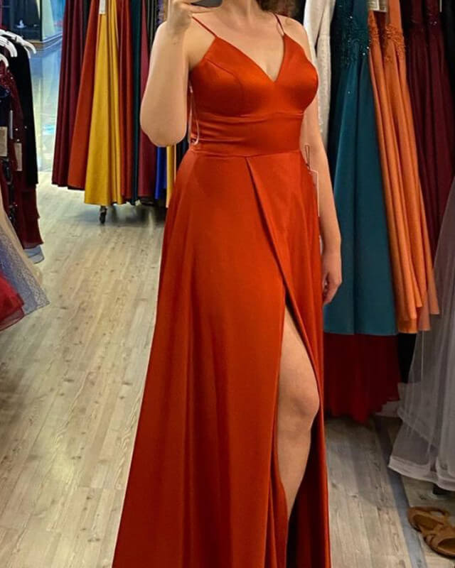 Long Empire Satin V Neck Split Bridesmaid Dresses