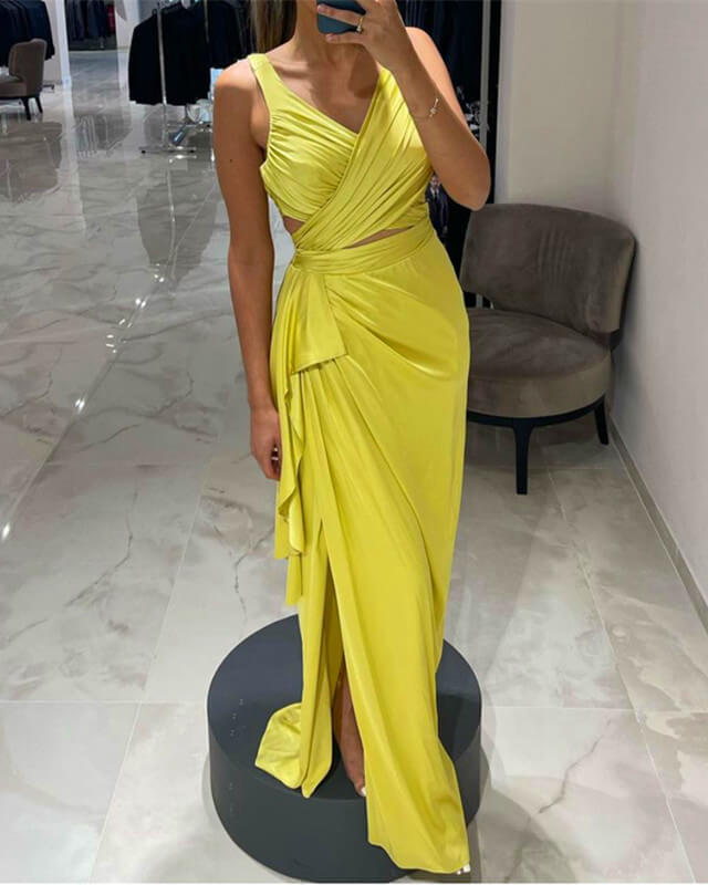 Lemon Yellow Sheath Split Bridesmaid Dress Lisposa Lemon Yellow Sheath Split Bridesmaid Dress Lisposa