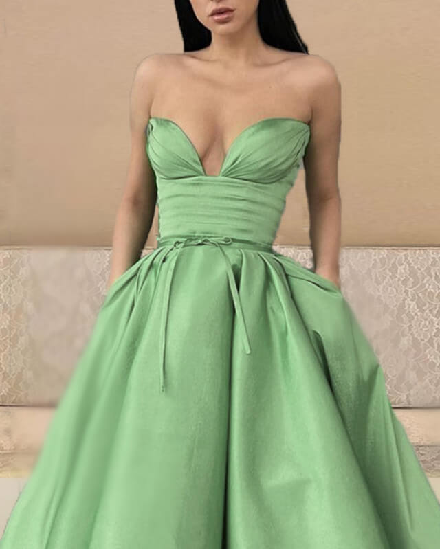 Sage Satin Strapless Midi Ball Gown Dress