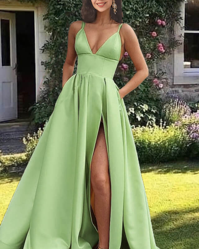 Long Plunge Neck Split Satin Dress