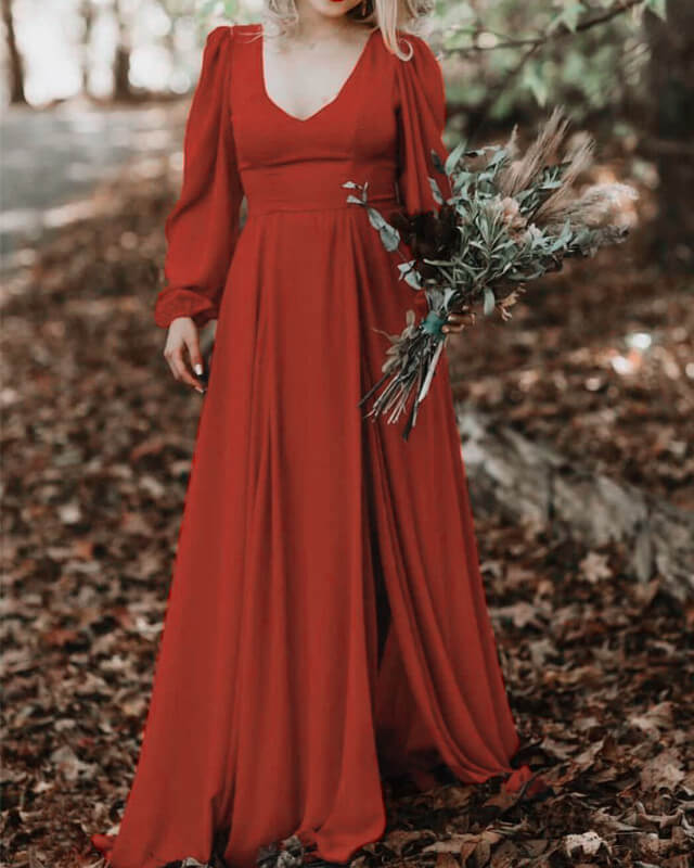 Long Burnt orange Chiffon Bell Sleeve Bridesmaid Dresses Lisposa Long Burnt orange Chiffon Bell Sleeve Bridesmaid Dresses Lisposa